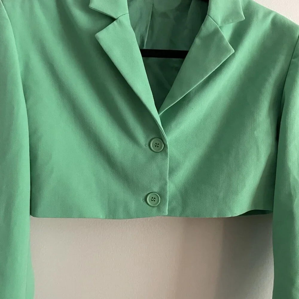 WeWoreWhat Danielle Bernstein S Green Stretch Herringbone Twill Cropped Blazer - Picture 5 of 13